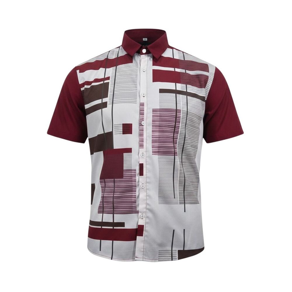 NPNYSY Mens Button Down Shirt 3XL Red White Geometric Short Sleeve